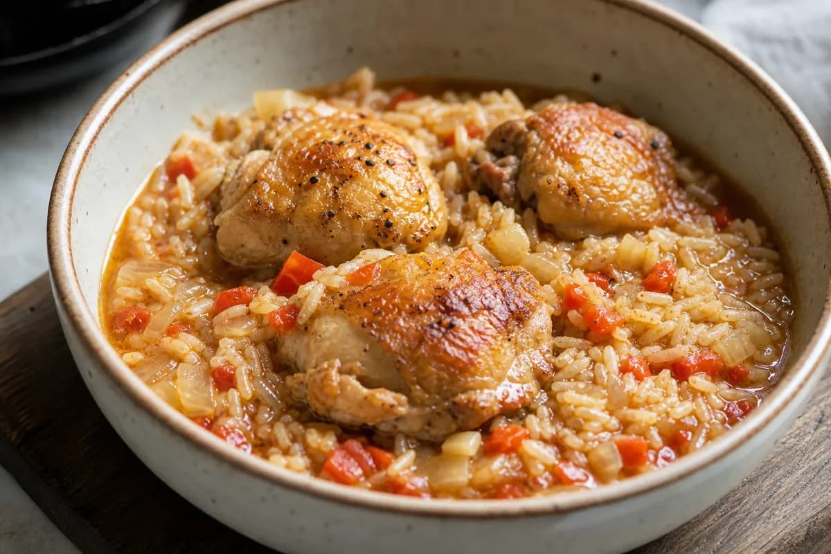 A vibrant plate of Cuban Arroz con Pollo with tender chicken, yellow rice, and colorful vegetables garnished with fresh herbs.