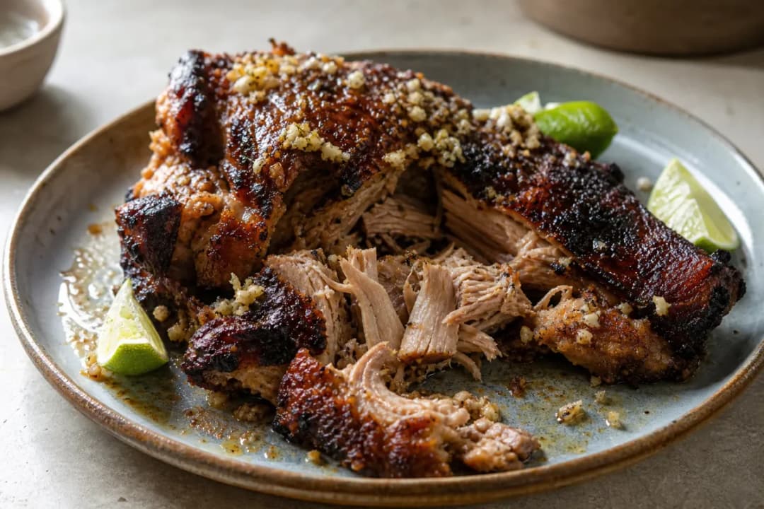 Cuban Lechón Asado with crispy skin, garnished with citrus slices and herbs.