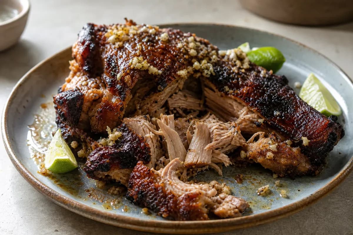 Cuban Lechón Asado with crispy skin, garnished with citrus slices and herbs.