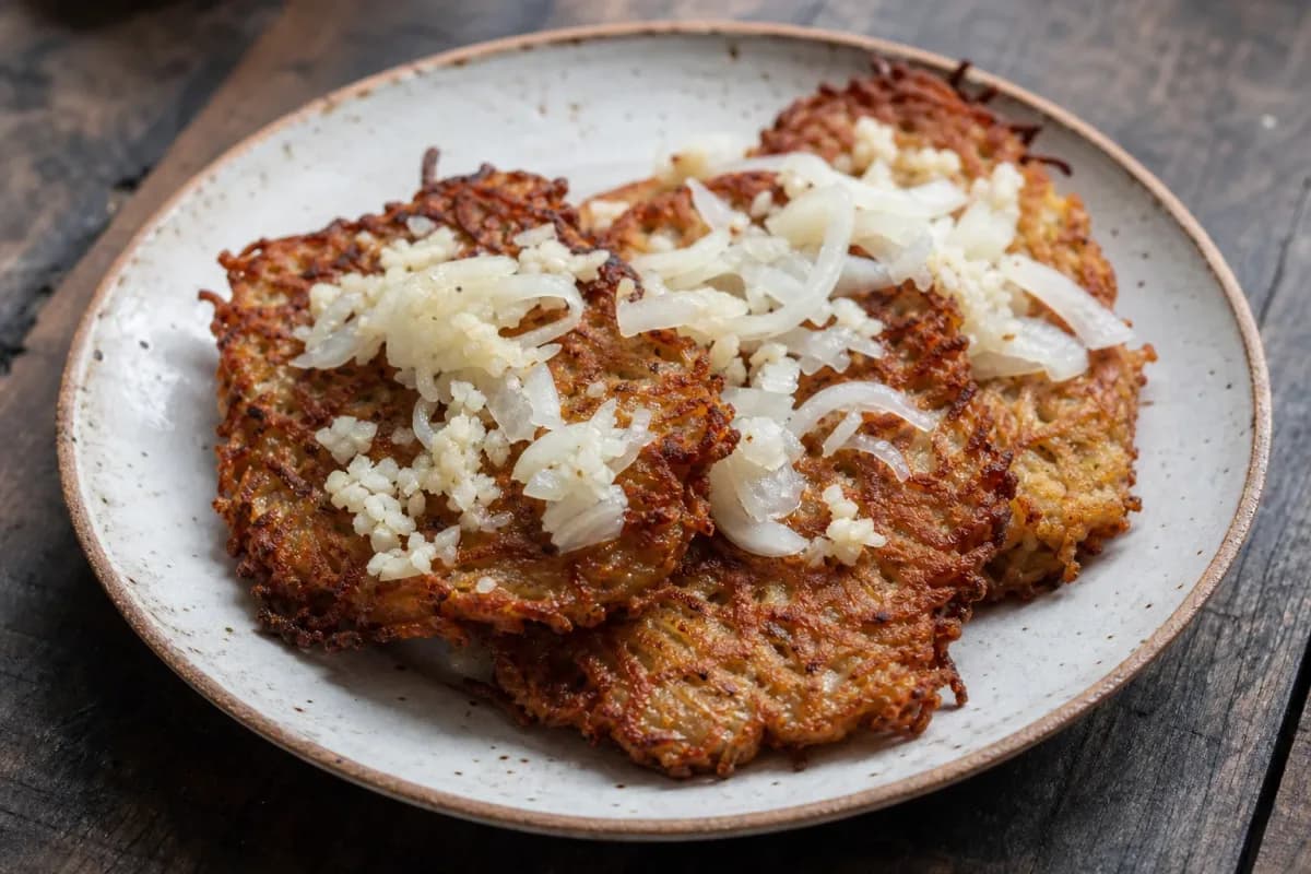 Golden crispy potato pancakes garnished with herbs, served on a plate.