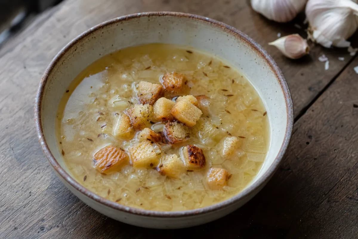 A bowl of Czech garlic soup topped with golden croutons and fresh herbs in a rustic setting.