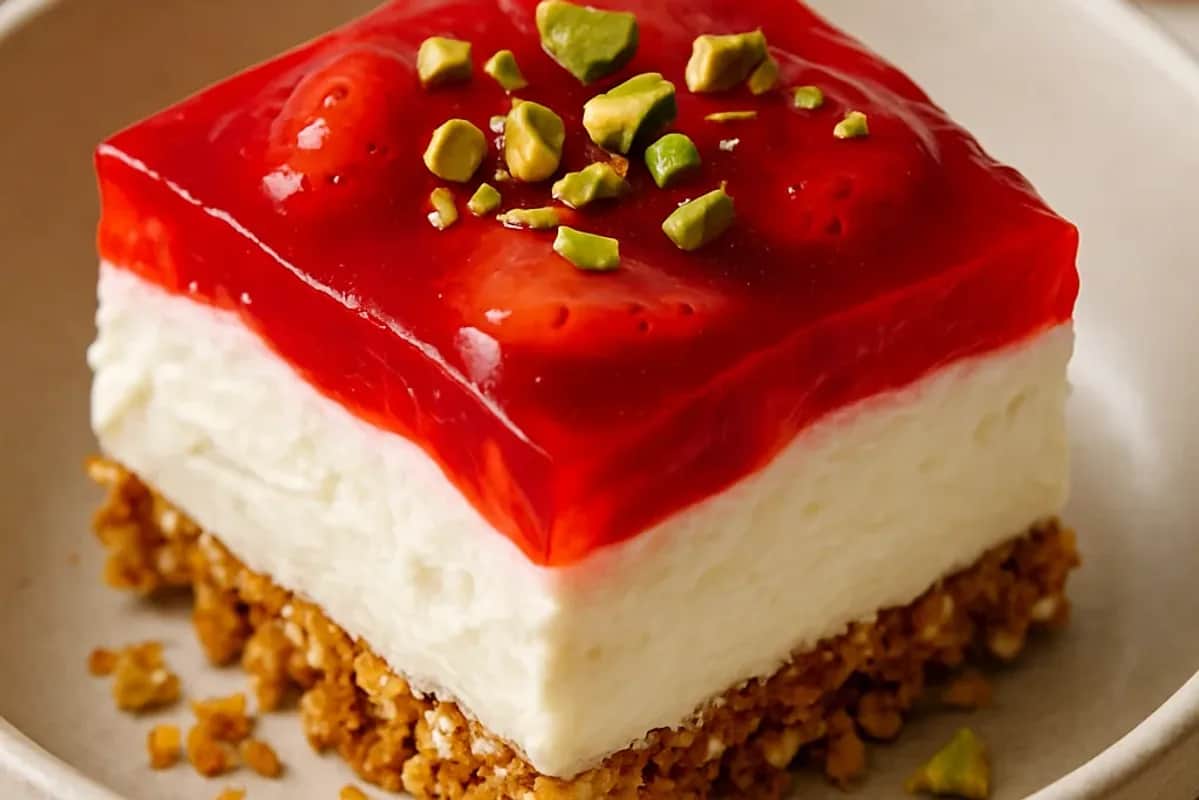 Delicious Pistachio Pretzel Jello Cheesecake Delight — dessert recipe, beautifully plated and ready to serve
