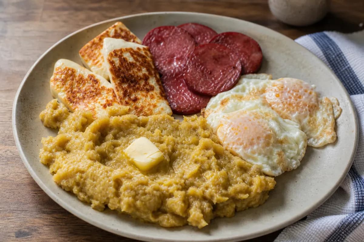 Plate of mangú topped with fried cheese and salami, served with sunny-side-up eggs.