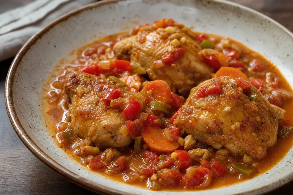Plated Dominican Pollo Guisado with vibrant tomatoes, spices, and tender chicken pieces garnished with herbs.