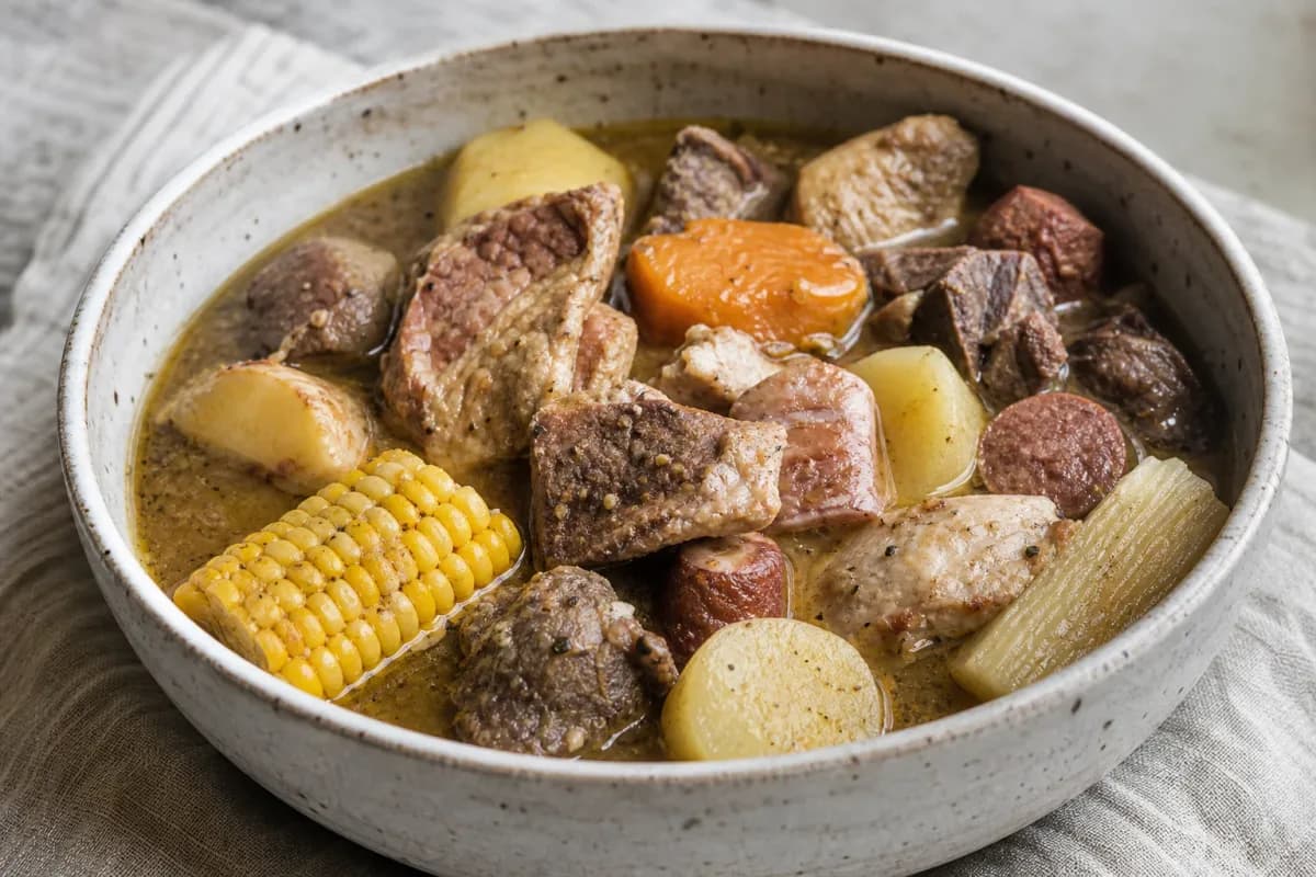 A bowl of Dominican Sancocho, showcasing tender meats, root vegetables, and a rich broth, garnished with fresh herbs.