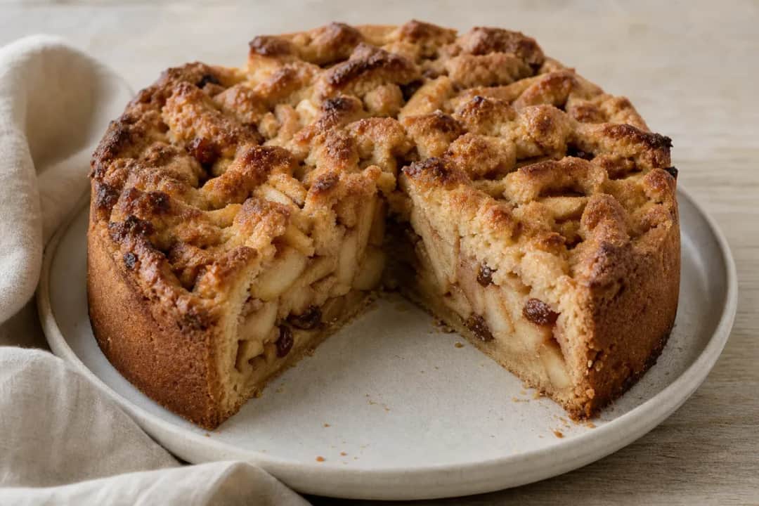 Sliced Dutch appeltaart showcasing a golden crust, cinnamon apples, and plump raisins on a rustic plate.