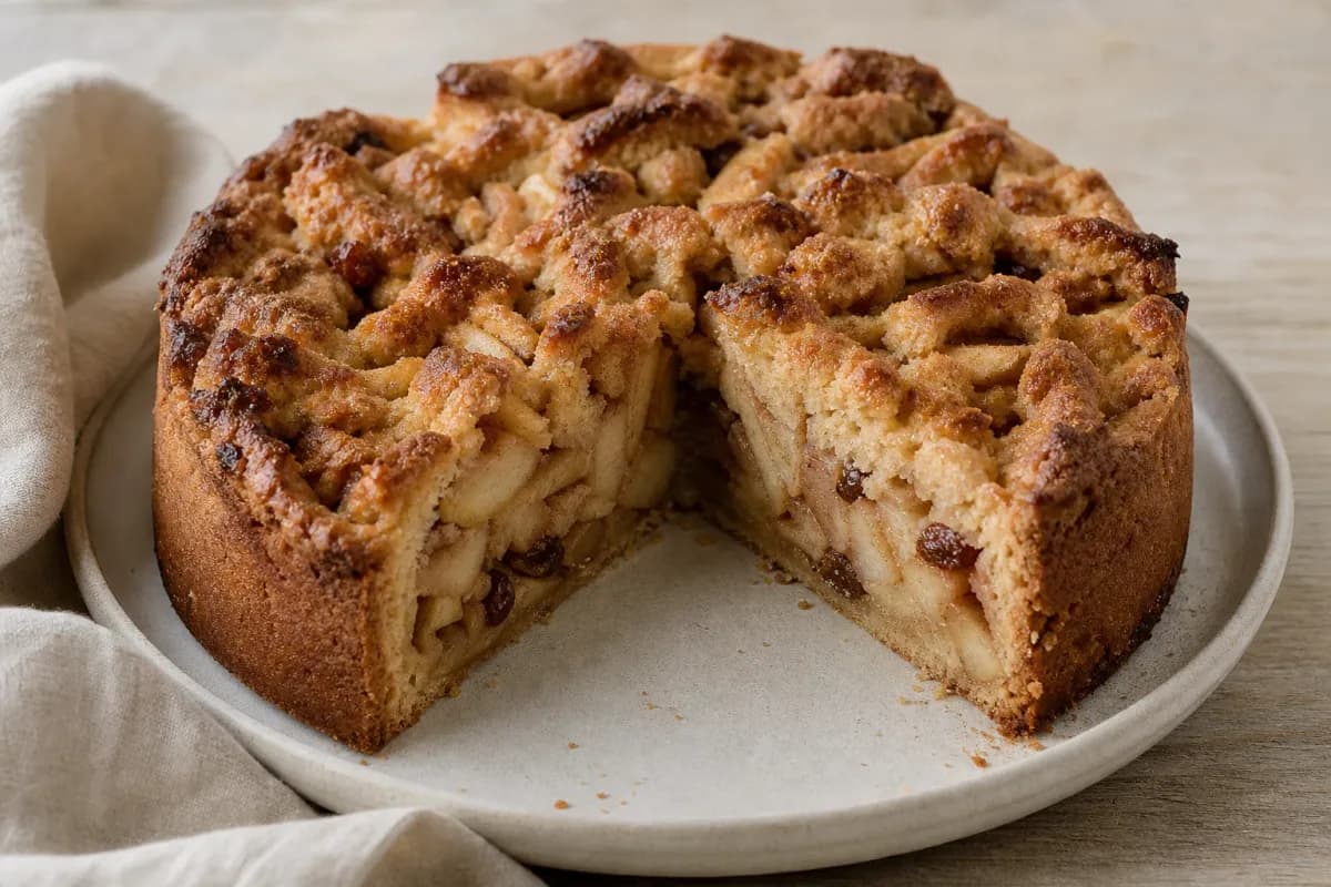 Sliced Dutch appeltaart showcasing a golden crust, cinnamon apples, and plump raisins on a rustic plate.