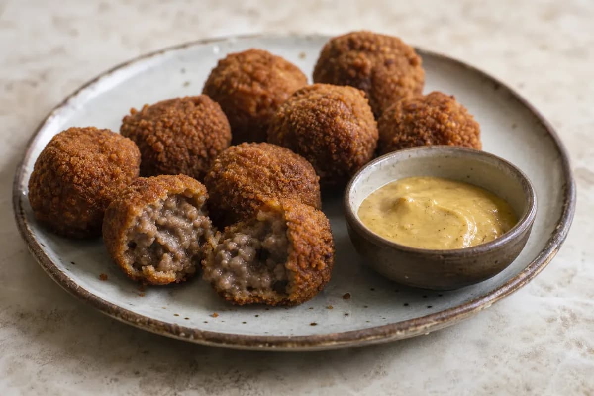 Golden-brown crispy bitterballen served with mustard and parsley garnish.