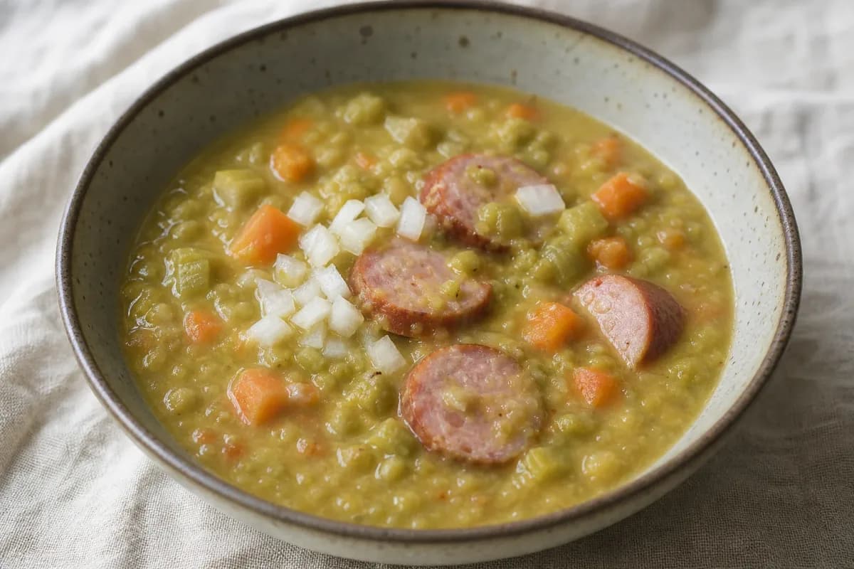 Thick and creamy Dutch split pea soup with slices of smoked sausage, garnished with parsley.