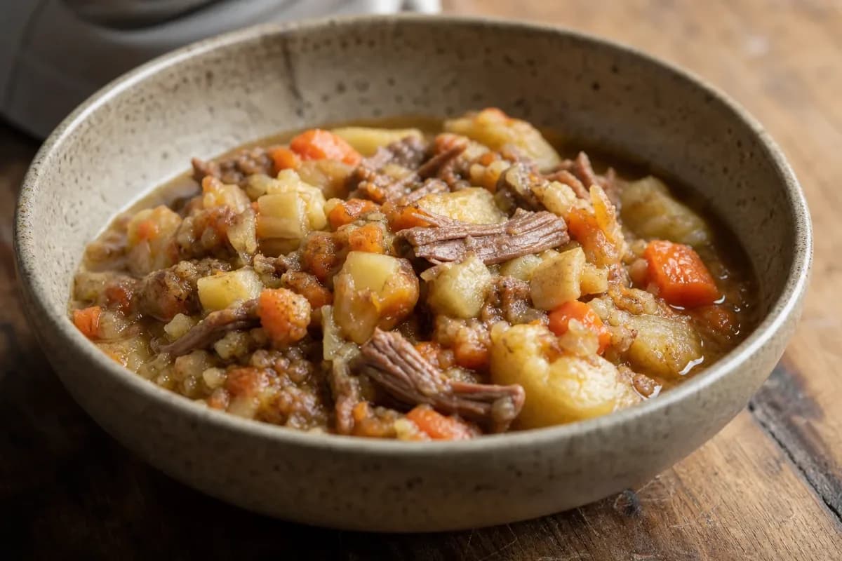 Creamy mashed potatoes and carrots topped with tender braised beef, garnished with parsley.