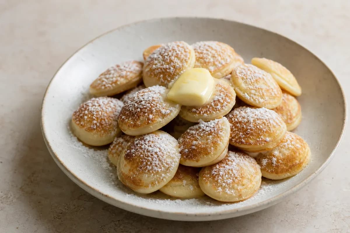 Fluffy Dutch poffertjes topped with melted butter and dusted with powdered sugar on a plate.