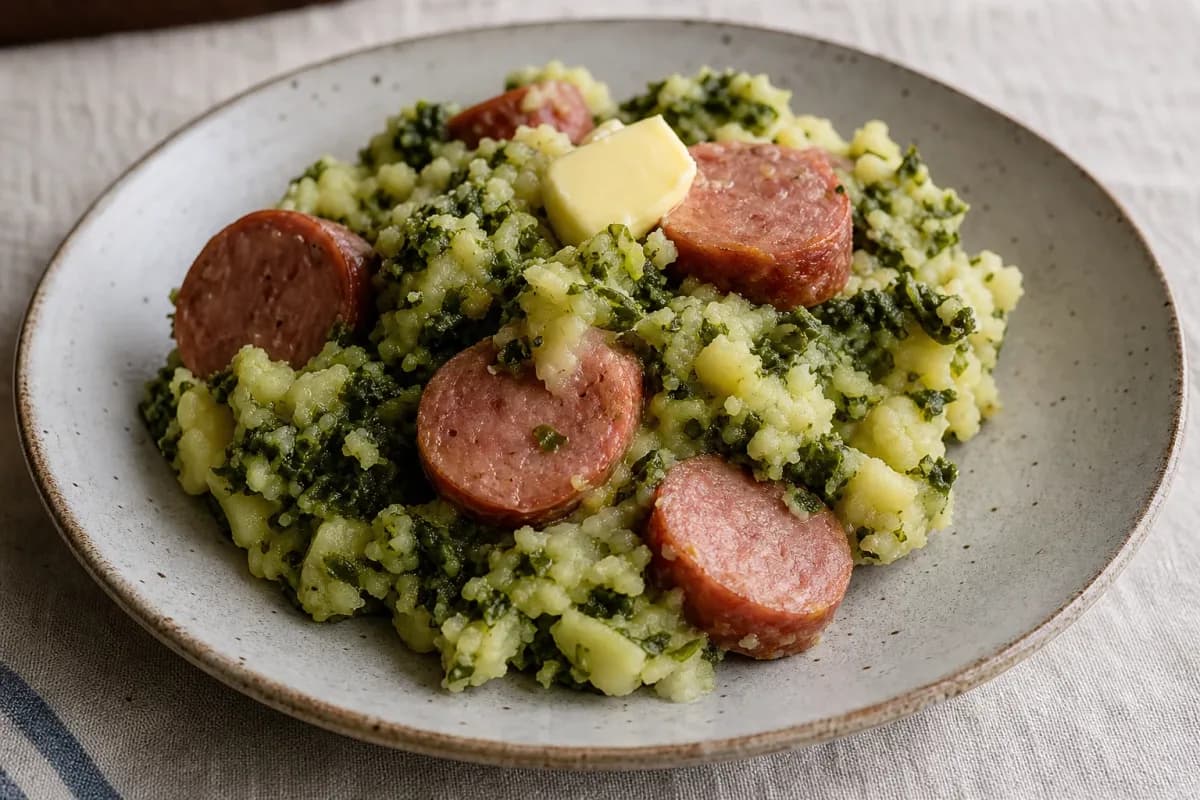 Creamy mashed potatoes with vibrant green kale and sliced smoked sausage, served in a rustic bowl.