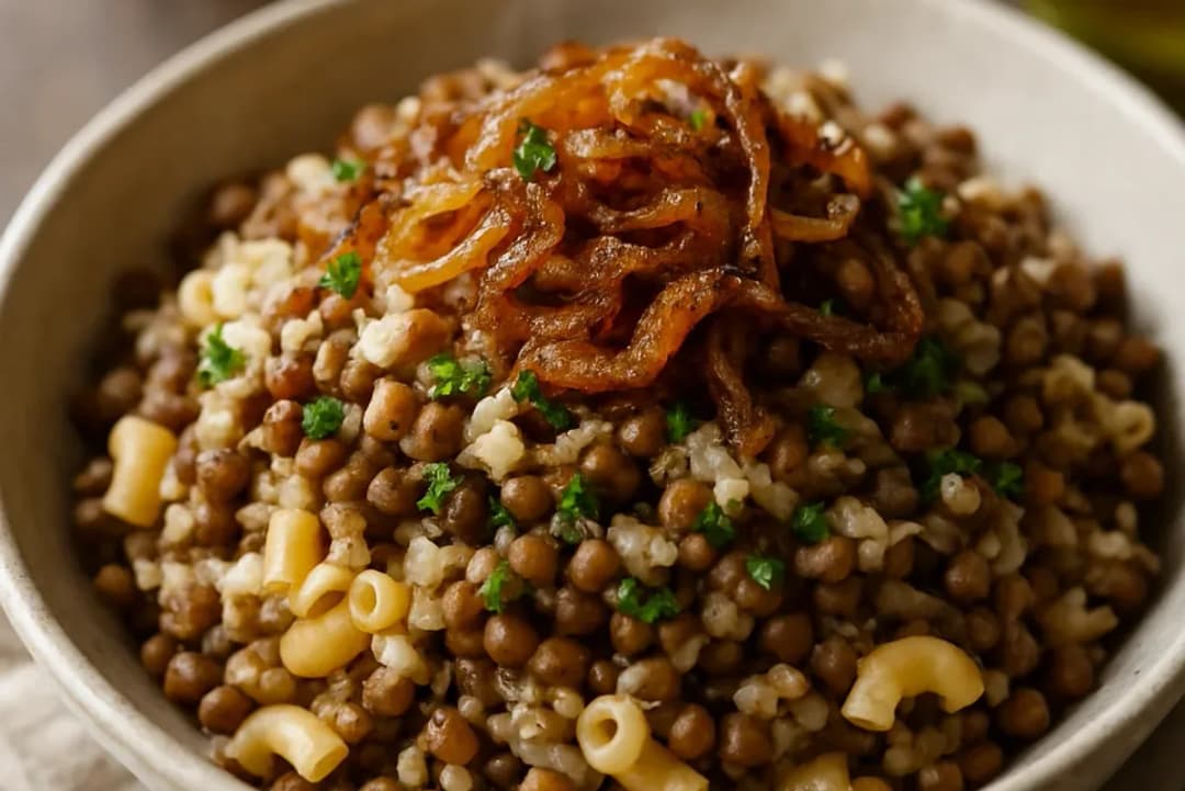 Close-up of Easy Egyptian Koshari with Lentils and Rice Cooking Method, served in a bowl with clear ingredient detail (vegan recipe)