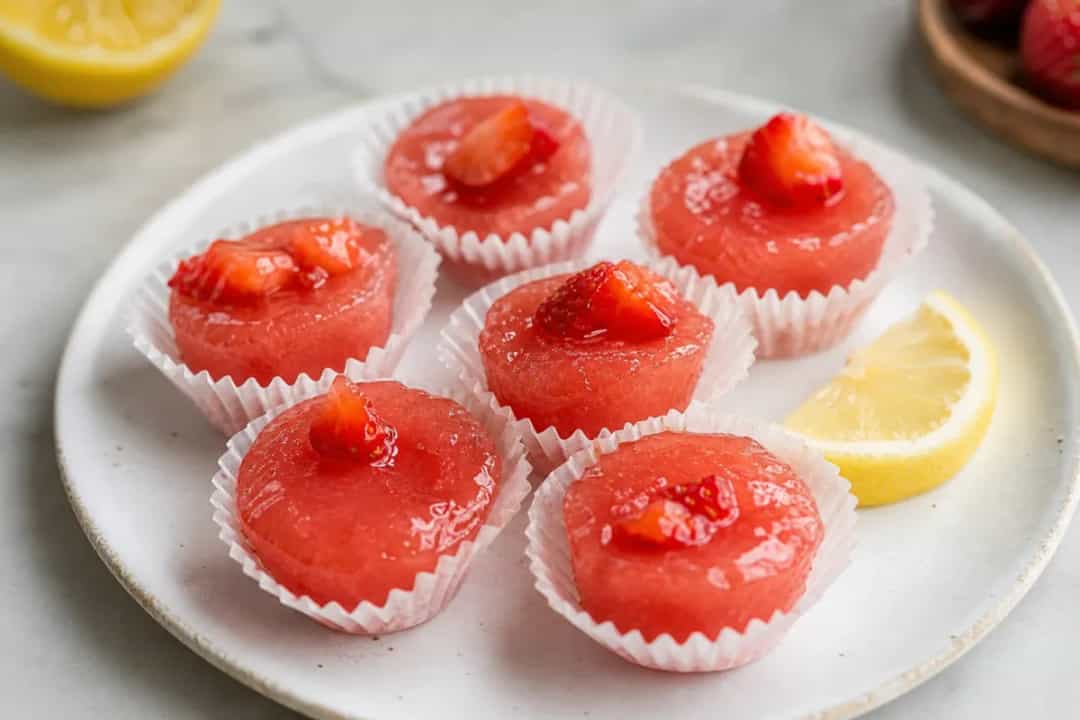 Colorful frozen honey jelly cubes with a glossy finish, garnished with fresh fruit.