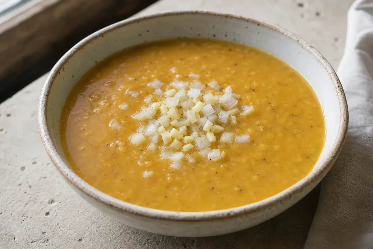 A bowl of red lentil soup garnished with fresh herbs and lemon slices, showcasing a vibrant orange color.