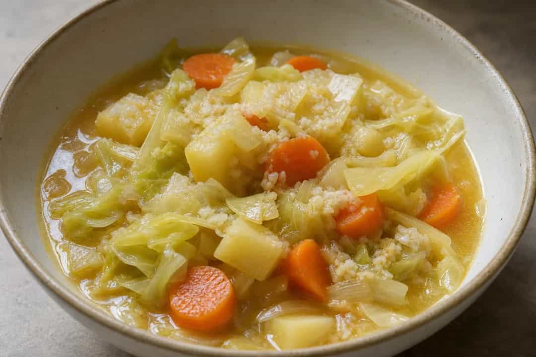 A vibrant serving of Atakilt Wat with colorful cabbage, carrots, and potatoes, garnished with spices.