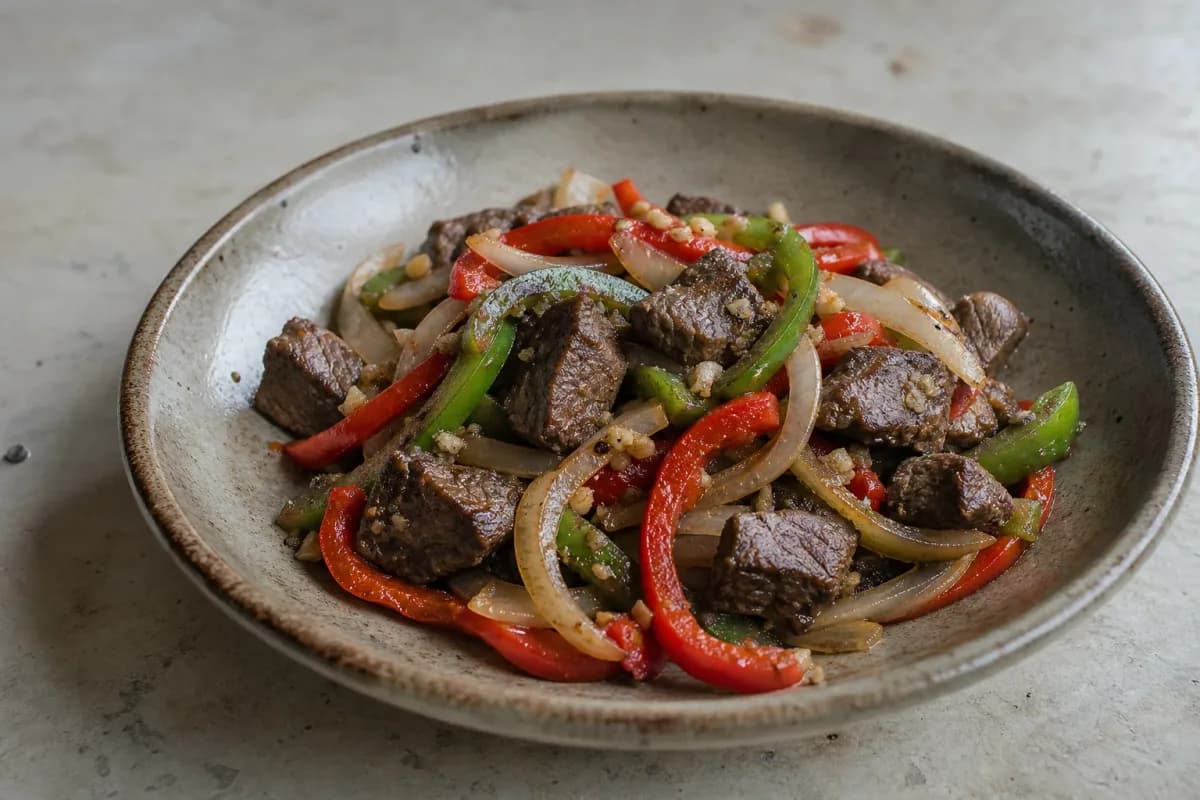 Sizzling Ethiopian beef tibs garnished with fresh rosemary, colorful peppers, and onions served on a rustic plate.