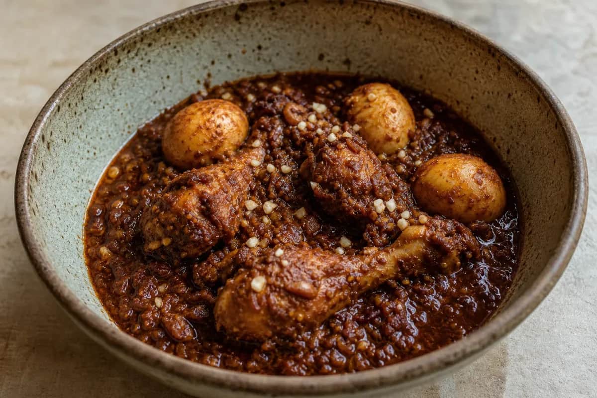 Rich and spicy Ethiopian chicken stew with berbere, served with boiled eggs and injera.