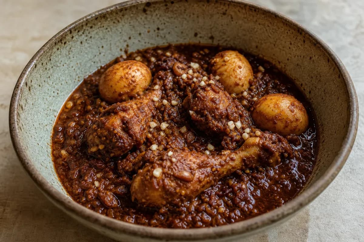 Rich and spicy Ethiopian chicken stew with berbere, served with boiled eggs and injera.