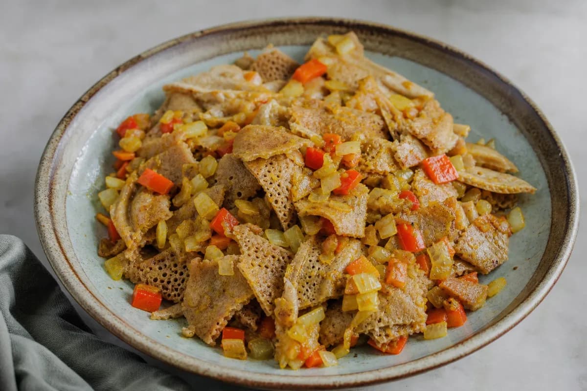 Ethiopian Firfir with Torn Injera and Spiced Sauce