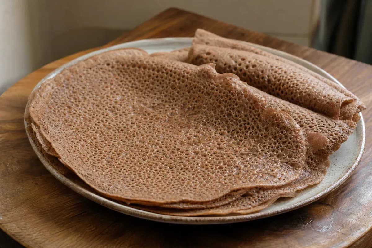 Soft and spongy injera flatbread served with colorful stews and dips, showcasing its porous texture.