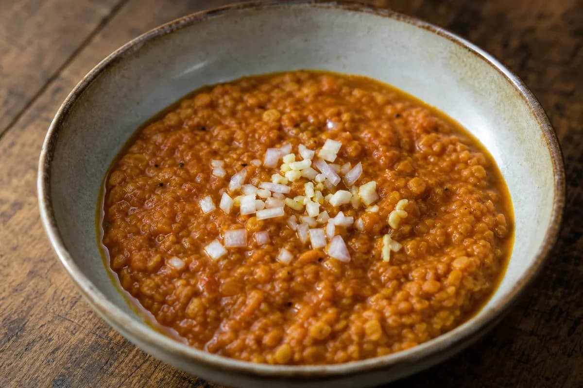 Steamy red lentil stew with a rich texture, garnished with herbs and served in a bowl.