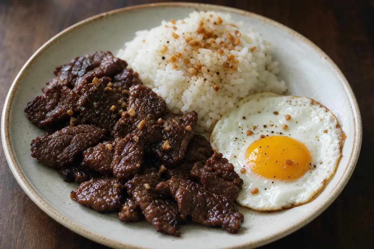 Plated Filipino beef tapa with garlic rice and a sunny-side-up fried egg, garnished with green onions.
