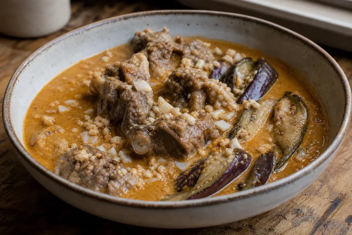 A hearty bowl of Kare-Kare featuring oxtail, vibrant vegetables, and a creamy peanut sauce, garnished with bagoong in a rustic setting.