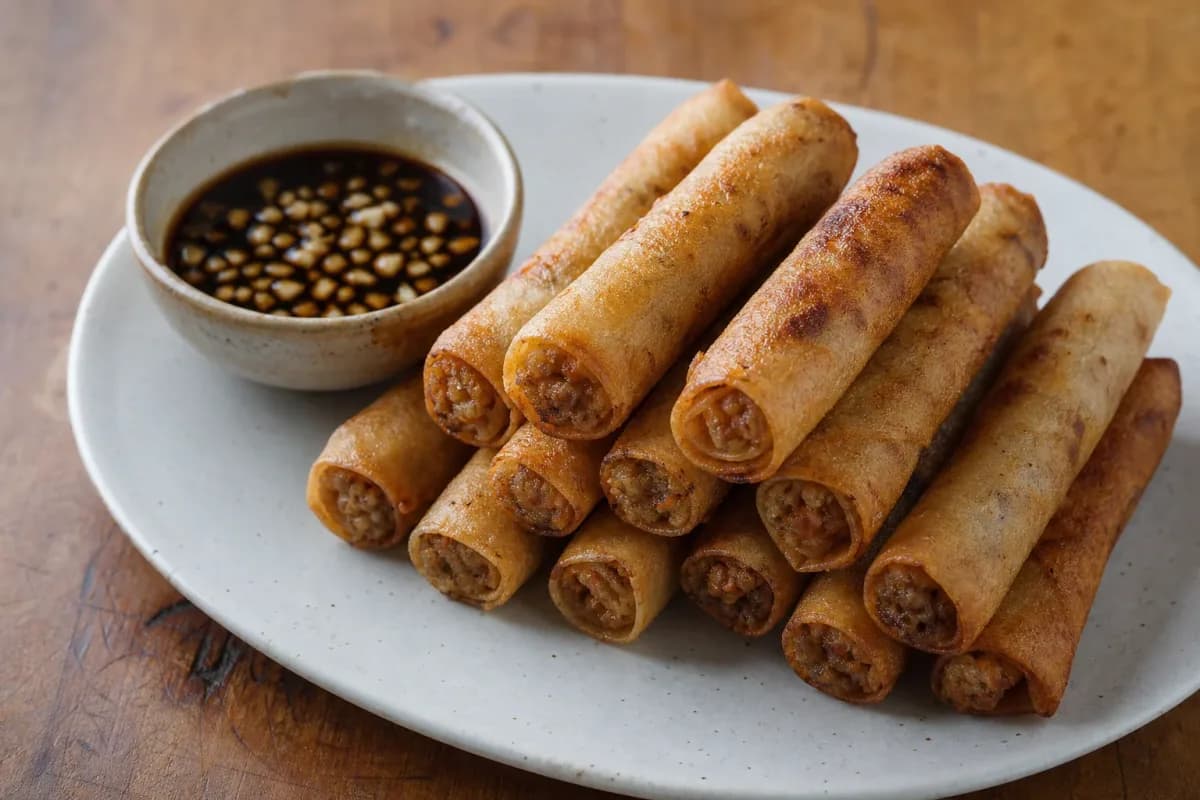 Crispy lumpiang shanghai spring rolls plated with a side of dipping sauce.