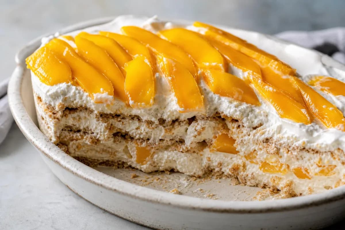 Filipino Mango Float with Graham Crackers and Cream Layers