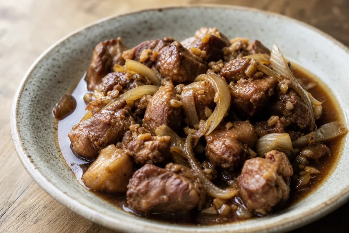 Tender pork adobo served with bay leaves and black pepper, garnished for presentation.