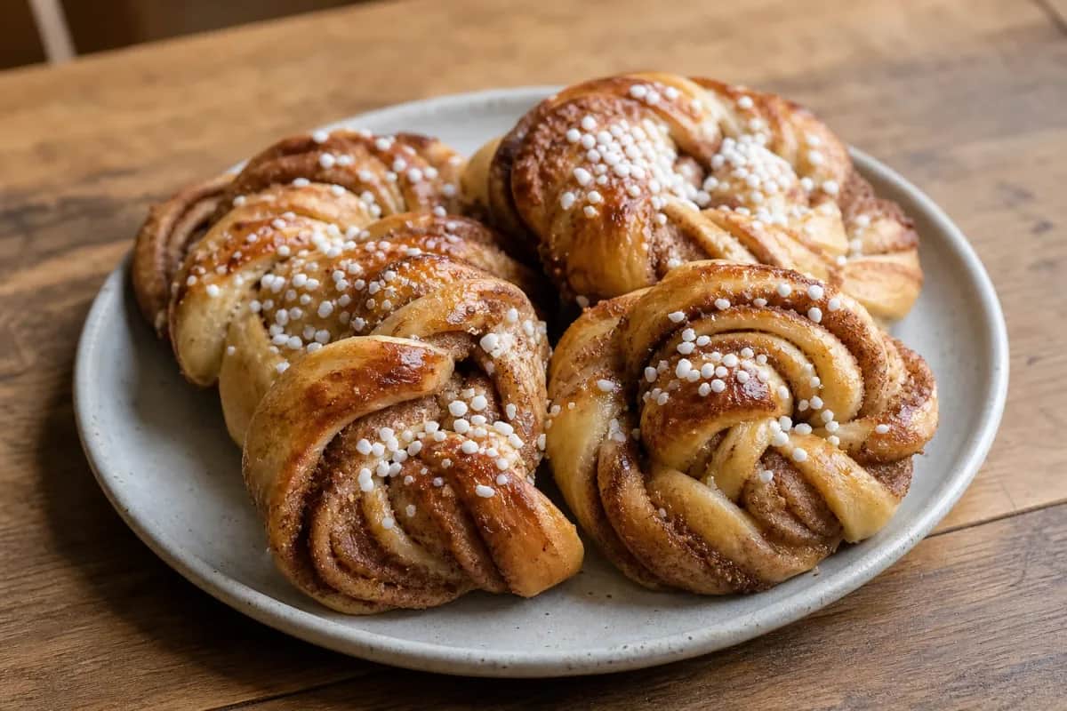 Golden-brown cinnamon buns topped with pearl sugar, garnished with cardamom.
