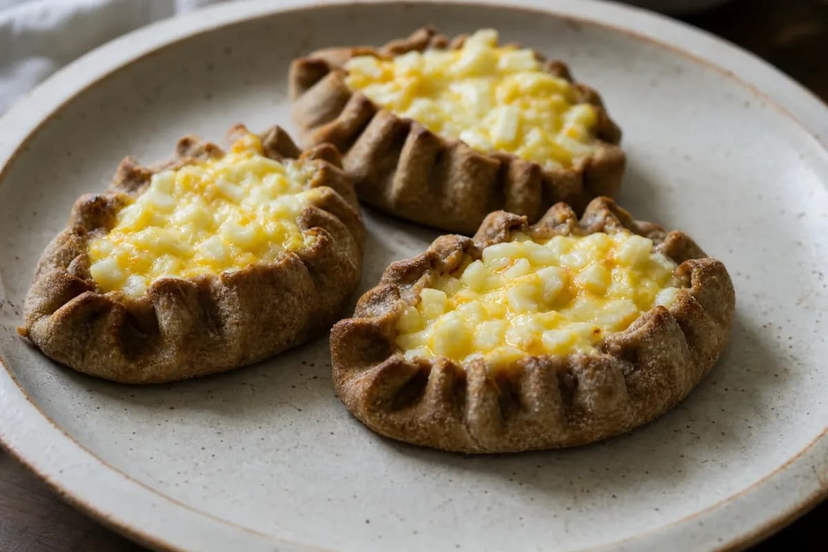 Golden-brown Karelian pies filled with creamy egg butter, served on a rustic plate.