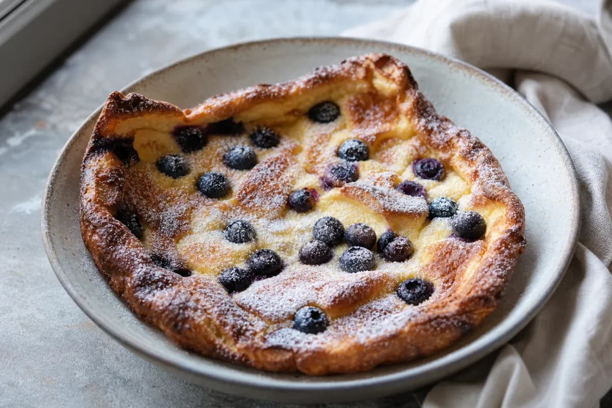Fluffy Finnish oven pancake topped with assorted fresh berries and powdered sugar, served on a white plate.