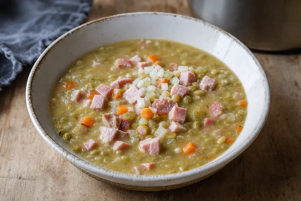 Creamy green pea soup topped with diced ham and a dollop of mustard, garnished with fresh parsley.