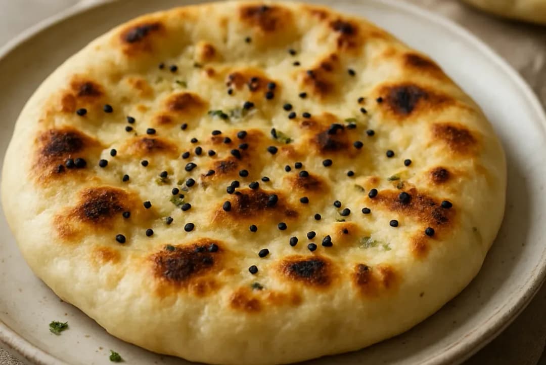 Fluffy Naan Bread Baked with Nigella Seeds — dinner recipe, beautifully plated and ready to serve