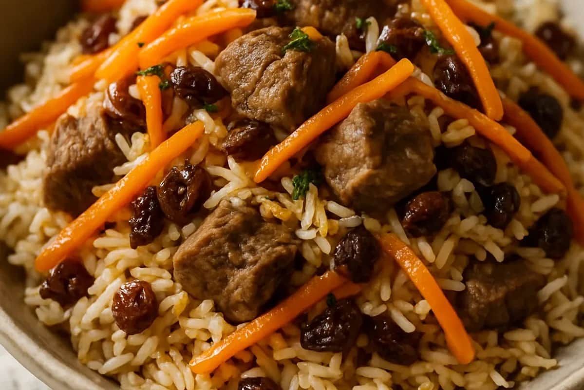 Fragrant Lamb Kabuli Pulao with Carrots and Raisins — dessert recipe, beautifully plated and ready to serve