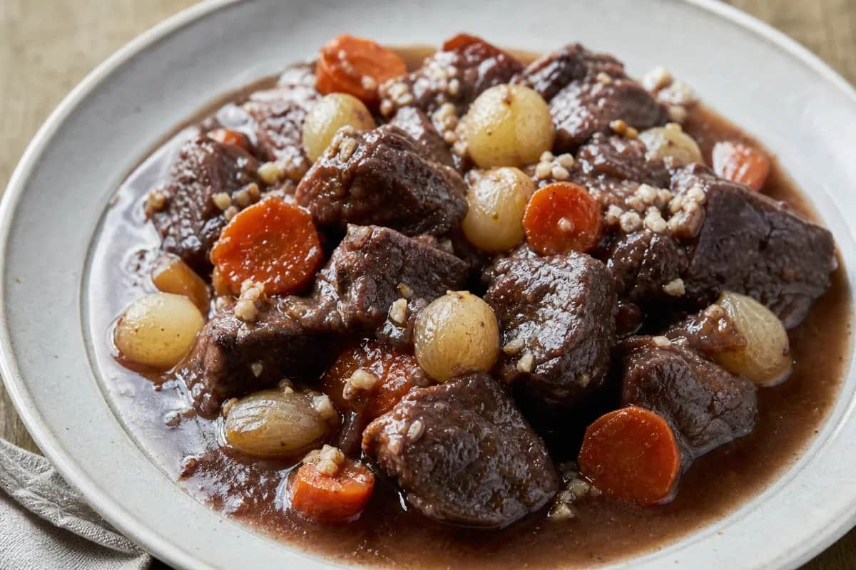 Tender beef bourguignon served with vibrant carrots and pearl onions in a rich sauce.