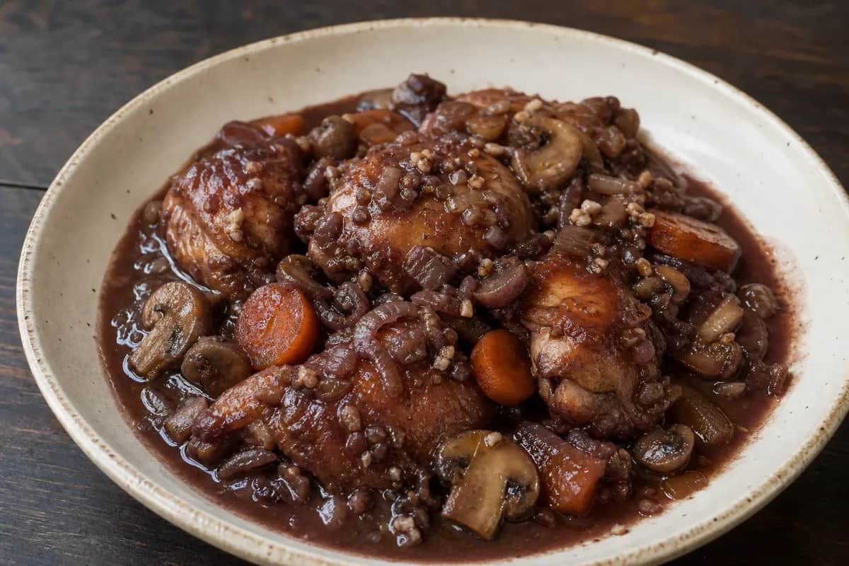 A rustic bowl of Coq au Vin featuring tender chicken, mushrooms, and garnished with fresh herbs.