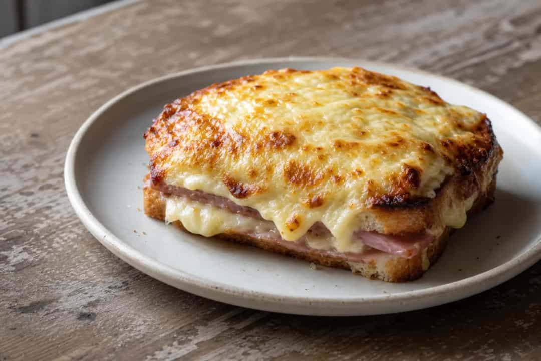 Golden-brown Croque Monsieur sandwich with melted cheese, ham, and béchamel sauce, garnished with herbs.