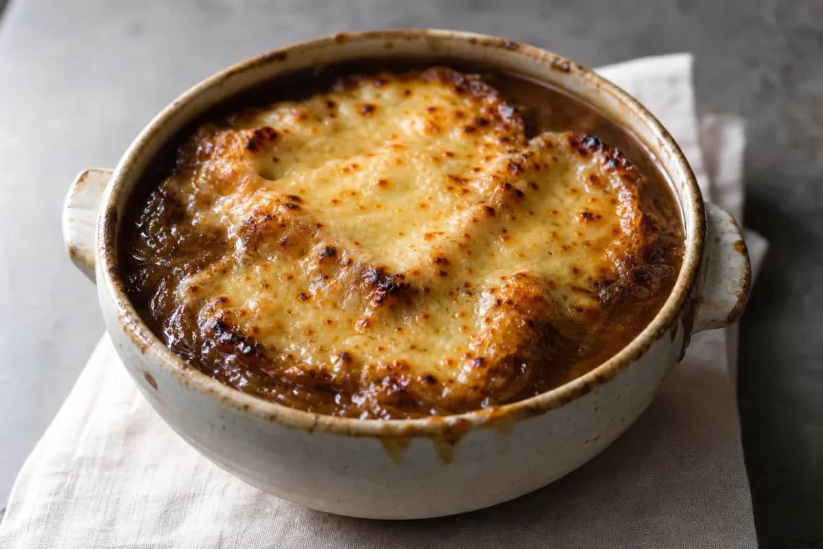 Warm bowl of French onion soup topped with melted Gruyère cheese and fresh herbs, garnished with toasted bread.