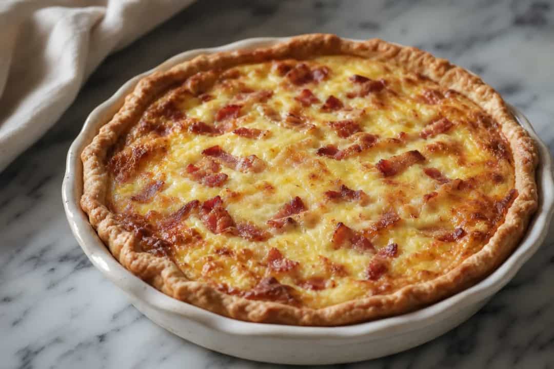 Golden-brown quiche with crispy bacon, melted Gruyère, and a flaky crust on a white plate.
