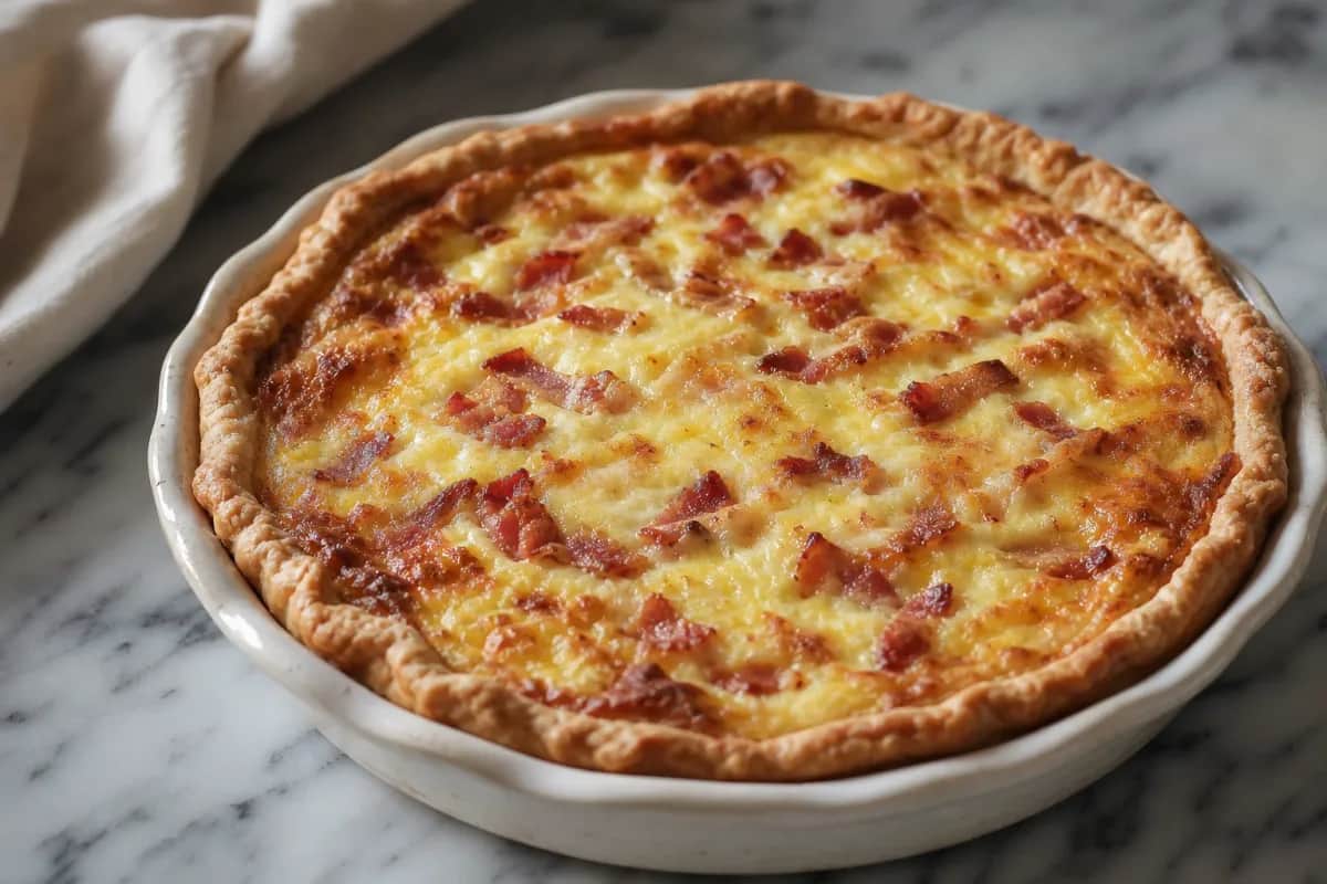 Golden-brown quiche with crispy bacon, melted Gruyère, and a flaky crust on a white plate.