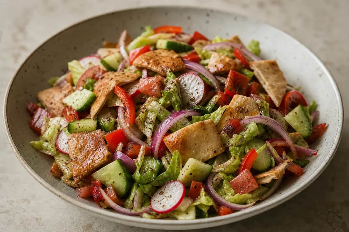 Colorful Fattoush salad with fresh vegetables, crispy pita chips, and a sprinkle of sumac on top.