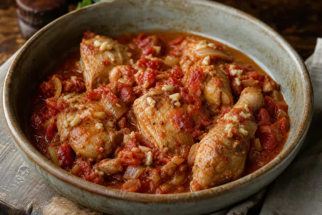 Hearty Georgian Chakhokhbili with tender chicken, vibrant tomatoes, and fresh herbs served in a rustic bowl.
