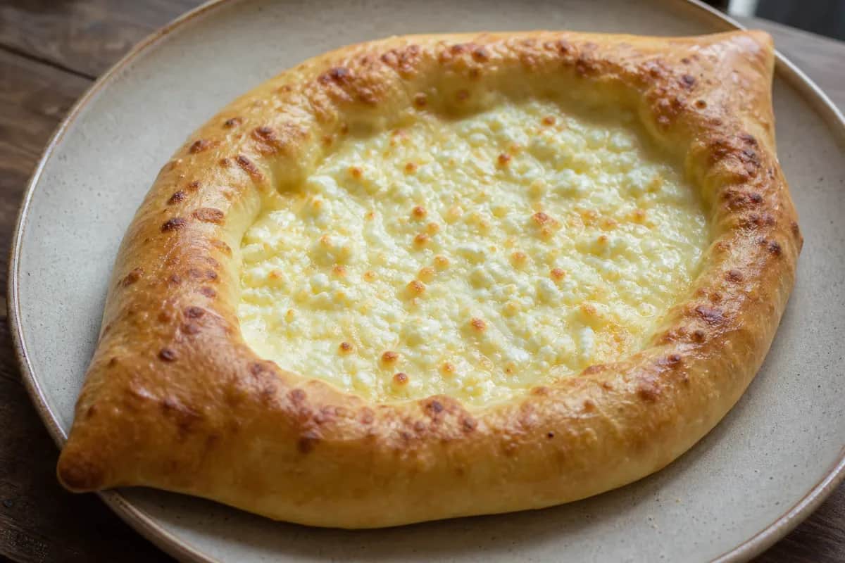 Golden brown cheese-filled bread with a crispy crust, garnished with herbs.