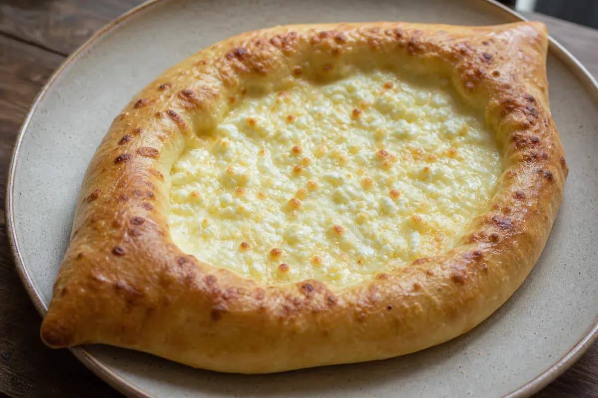 Golden brown cheese-filled bread with a crispy crust, garnished with herbs.
