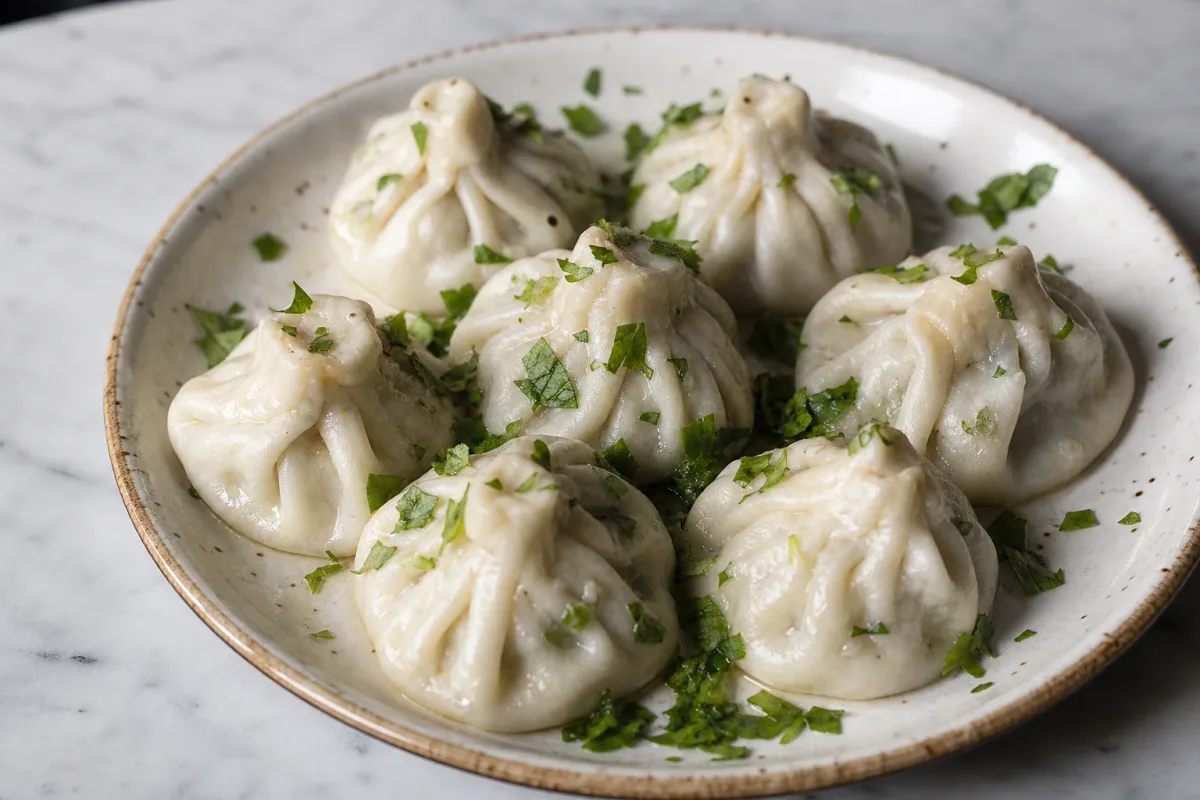 Plated khinkali dumplings showcasing juicy beef filling and fresh herbs, garnished with parsley.