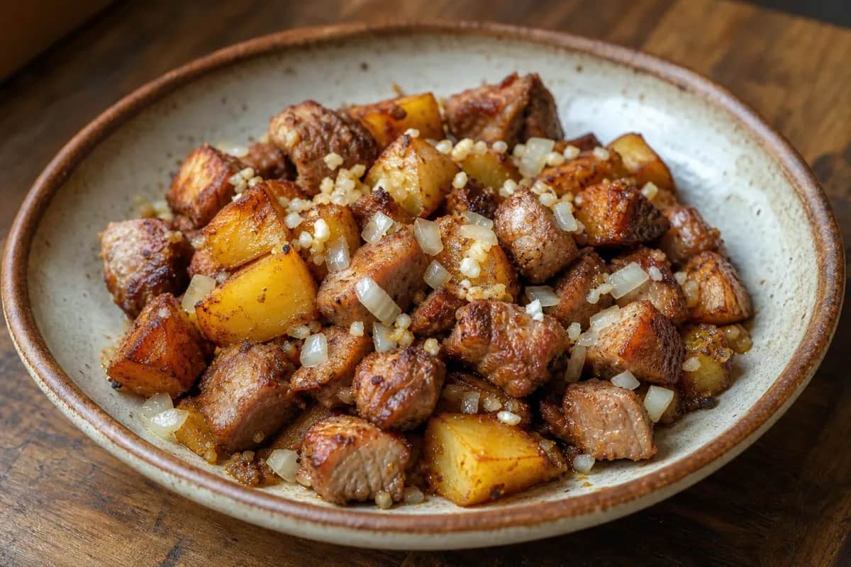 Golden-brown pan-fried potatoes next to seasoned pork, garnished with herbs.