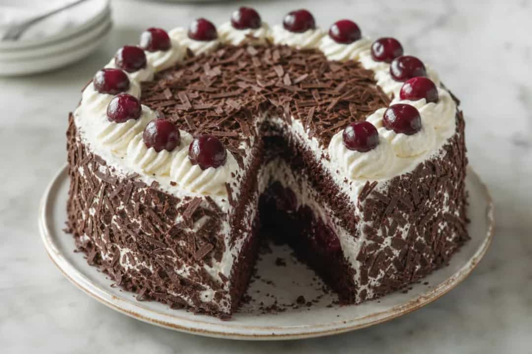 Layered chocolate cake with cherries and whipped cream, decorated with chocolate shavings.